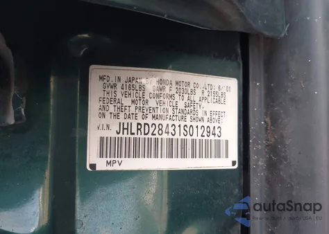 2001 Honda Cr-V Lx z USA, uszkodzony, nr VIN JHLRD28431S012943